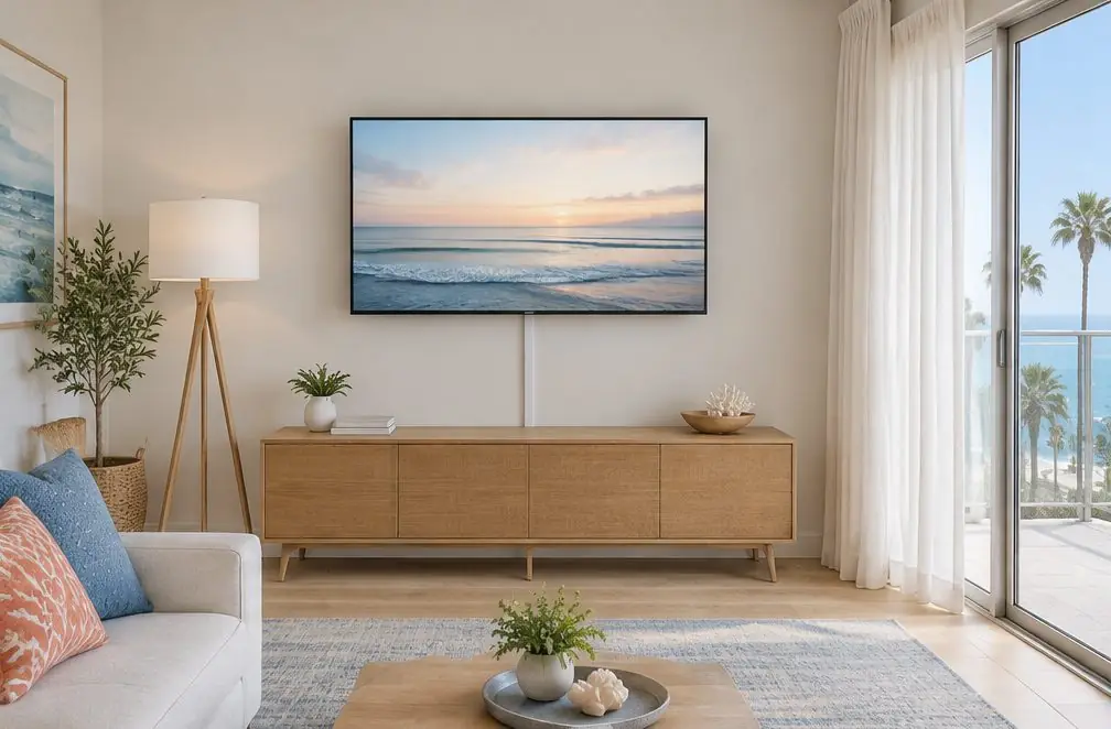 Illustration: a TV on a slim bracket in a modern apartment living room with a balcony door and a floor lamp