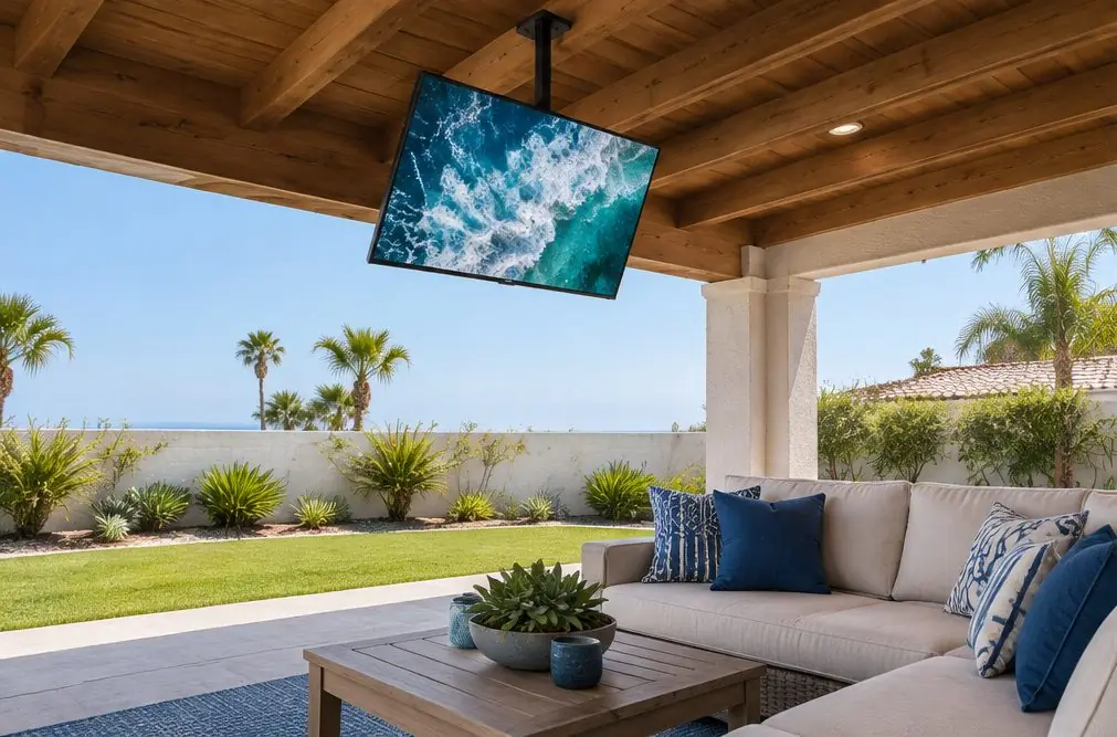 Illustration: a TV hanging from a ceiling mount on a pole under the wood beams of a covered backyard patio
