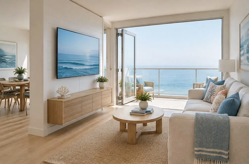 Illustration: a TV on an interior wall of a bright coastal condo living room with a balcony door open to an ocean-view railing