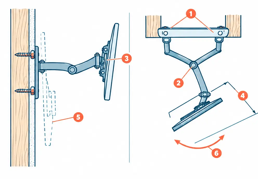 Diagram: side and top views of a full-motion TV mount, a wall plate bolted across two wood studs, a two-segment arm with pivot pins, the TV pulled out and turned toward a corner, and the folded position as a dashed outline