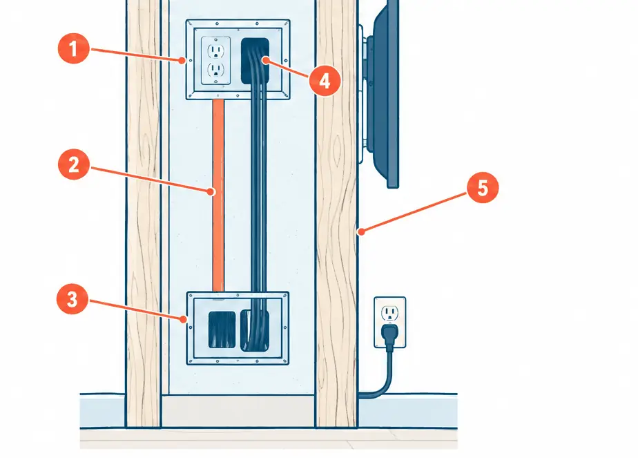 Diagram: side section of a drywall wall cavity with an upper recessed box behind the TV, a lower recessed box near the floor fed by a short cord from an existing outlet, in-wall rated cable between the boxes and HDMI cables through openings in the same box plates