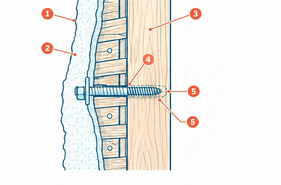 Diagram: side section of an older wall with plaster over horizontal wood lath strips nailed to a stud, a pilot hole drilled slowly through plaster and lath, and a longer lag bolt reaching into the stud