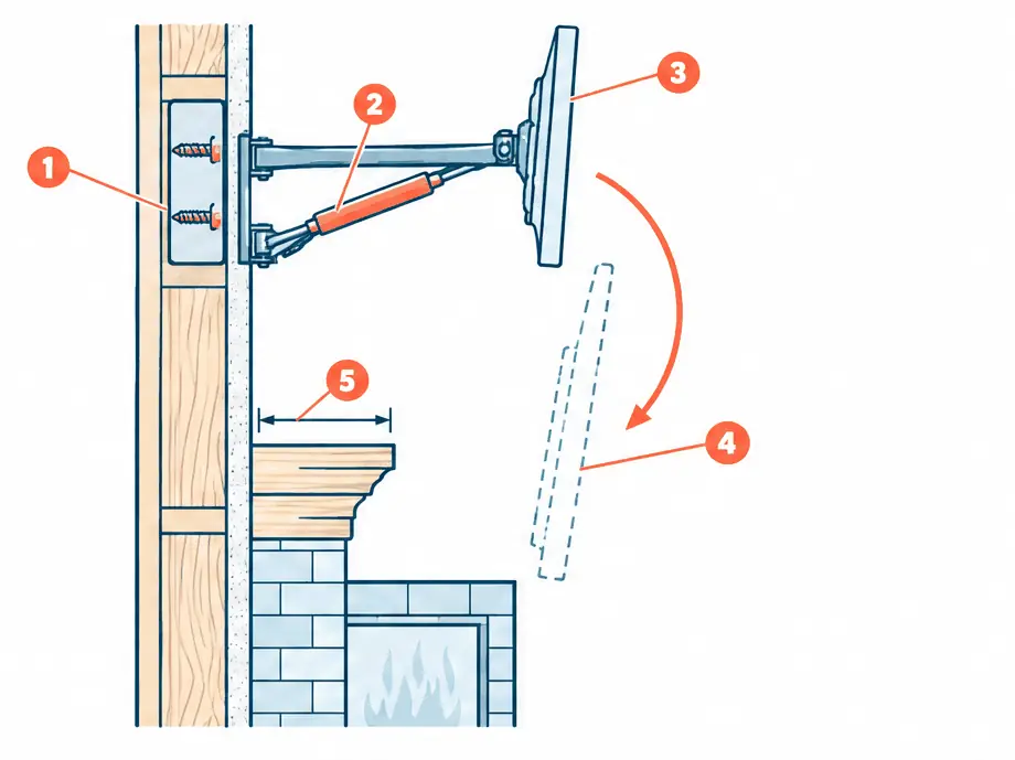 Diagram: side section of a fireplace wall with a pull-down TV mount, the wall bracket fixed into framing above the mantel, gas-spring arms, the TV parked high and a dashed outline of it lowered in front of the mantel