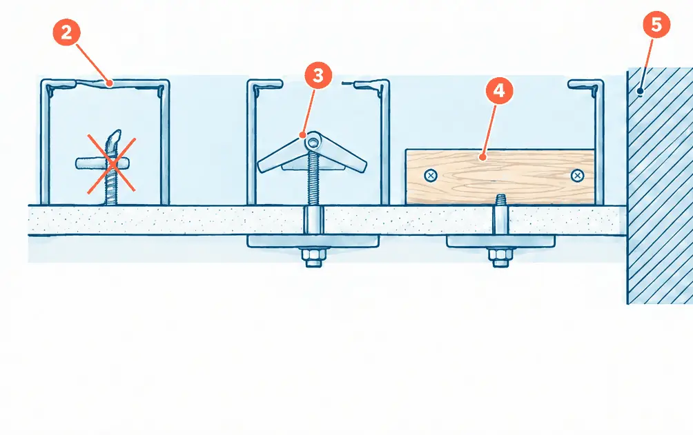 Diagram: top section of a condo wall with C-shaped steel studs, a lag bolt that strips in the thin steel shown crossed out, and the alternatives: a toggle opened inside the stud channel and a wood backer board screwed across several studs