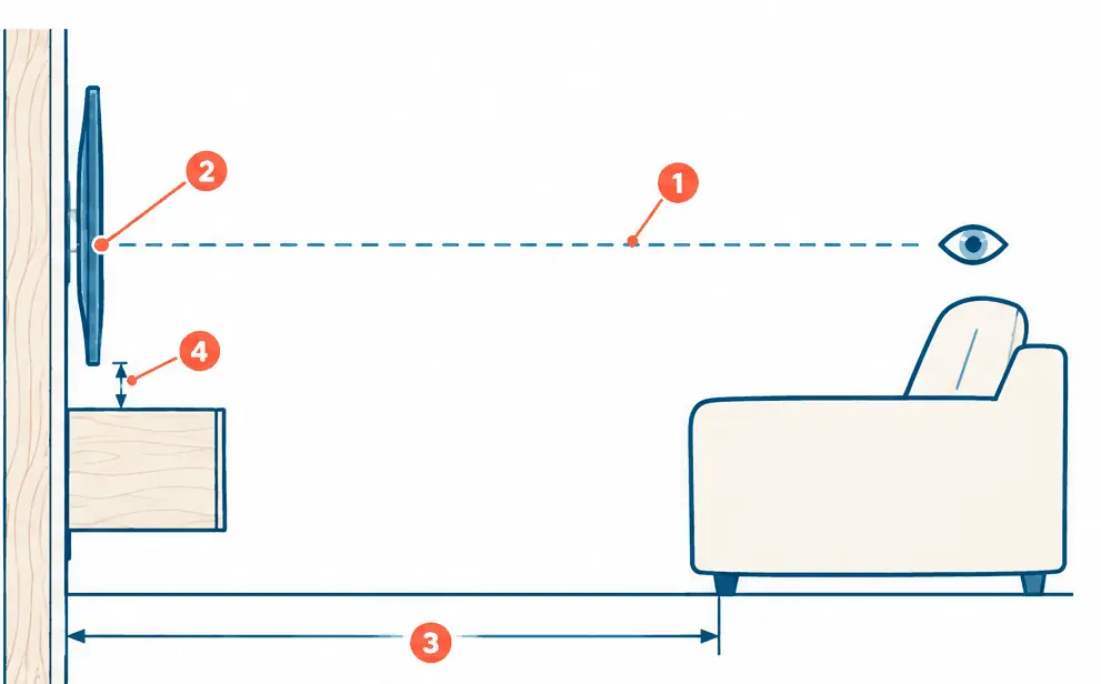 Diagram: side view of a living room with a sofa, a seated eye line, a TV on the wall above a floating console with the screen centre near the eye line, and a viewing distance line