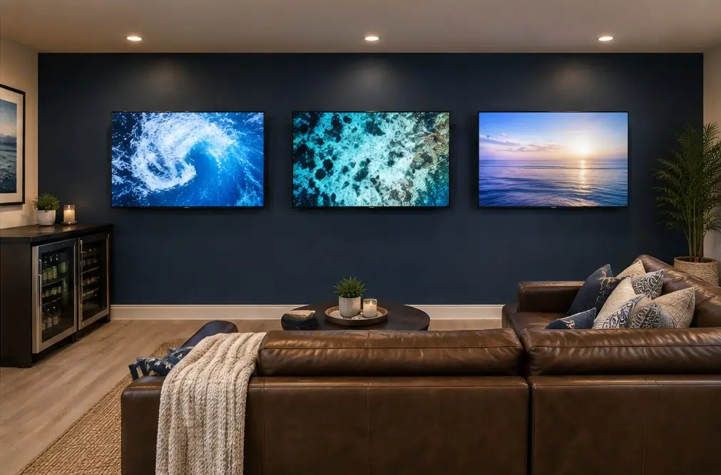 Illustration: three TVs mounted side by side with even gaps on a dark accent wall in a garage game room with a sectional and a bar fridge