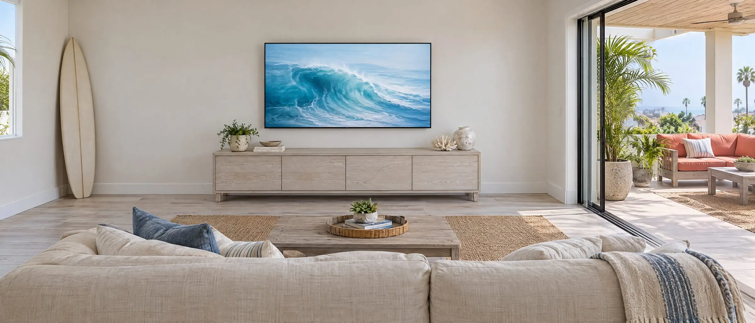 Illustration: a TV mounted on the wall of a bright beach-house living room with whitewashed wood floors and a sliding door open to a covered patio