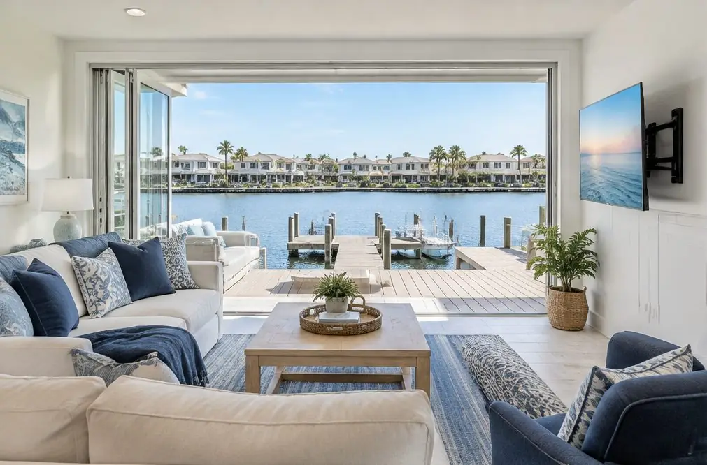 Illustration: a wall-mounted TV in a typical Huntington Harbour home