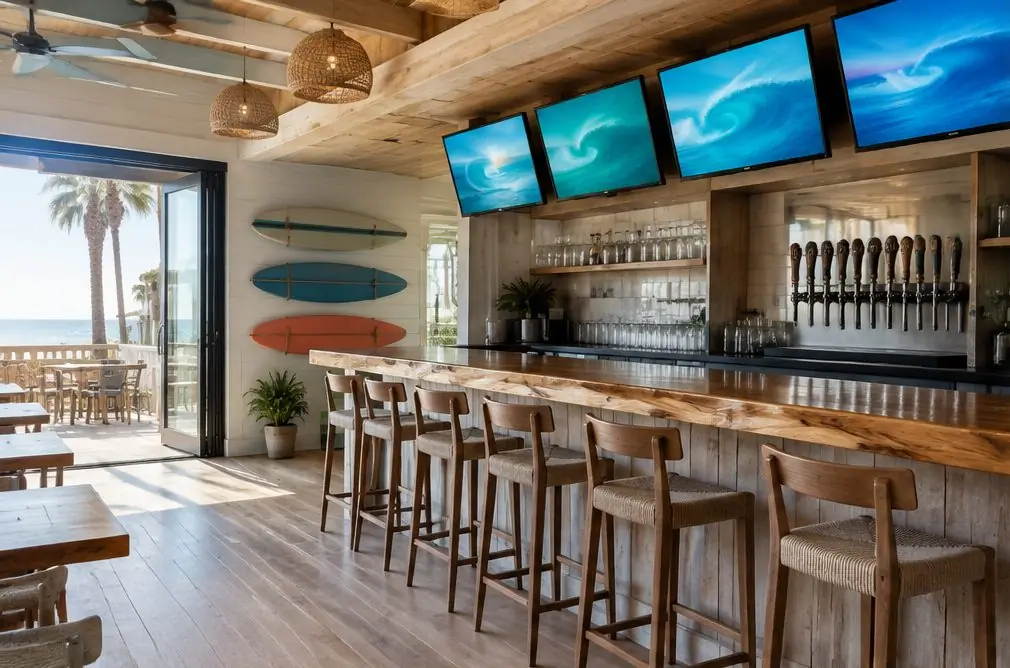 Illustration: a row of TVs above a long bar in a beach-town sports bar with surfboards on the wall and an open patio door