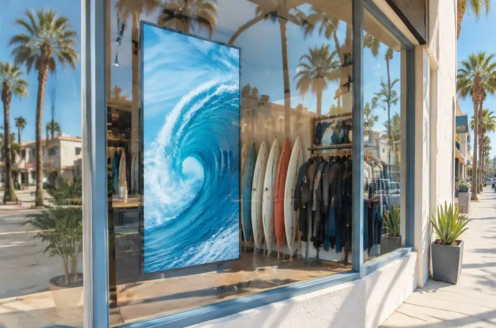 Illustration: a portrait display in a surf-shop window facing a sunny sidewalk, boards and wetsuits blurred inside