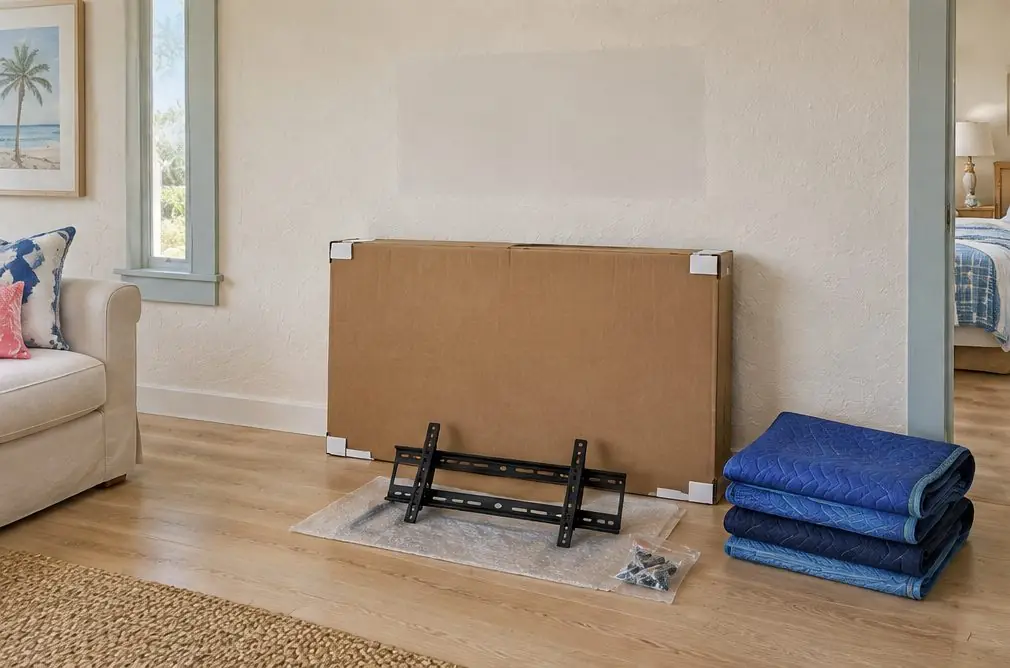 Illustration: a wall with a neatly patched area where a TV bracket was, a TV in its original box and a bagged bracket beside it