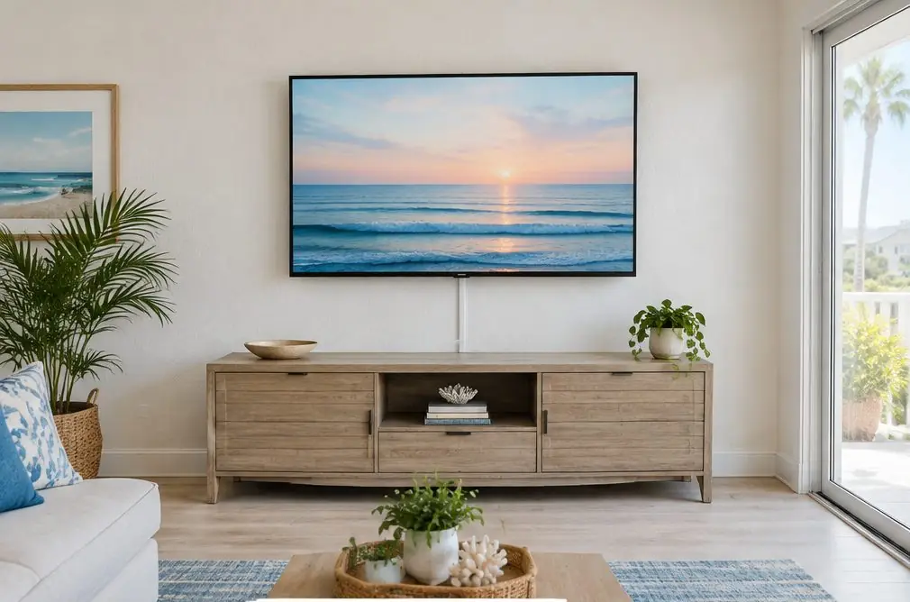 Illustration: a 55-inch TV on a fixed wall mount above a low driftwood console in a bright Huntington Beach living room
