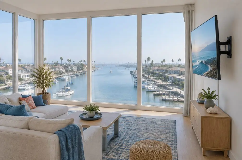 Illustration: a TV on a side wall of an upper-floor living room with tall windows looking over a harbor channel with boats at docks